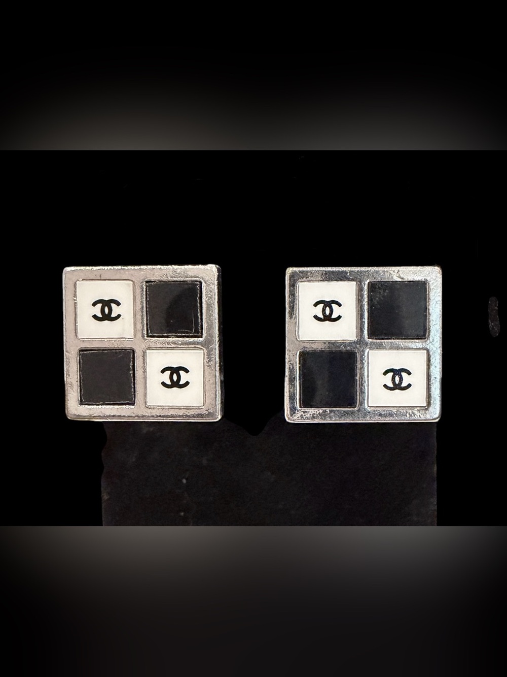 CHANEL 01P Black White Checkerboard CC Logo Square Clip On Earrings (France)